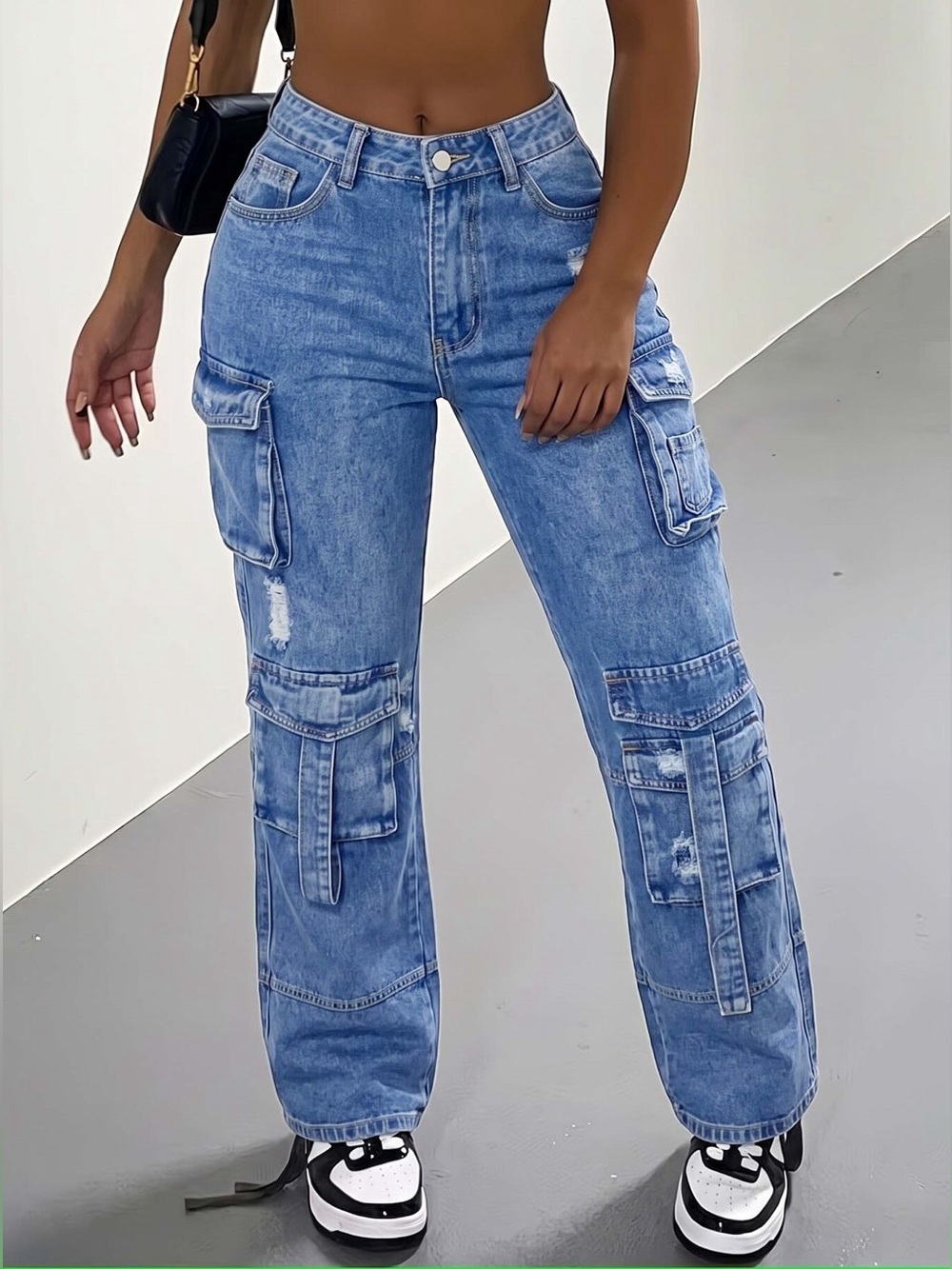 High-Waisted Distressed Cargo Jeans